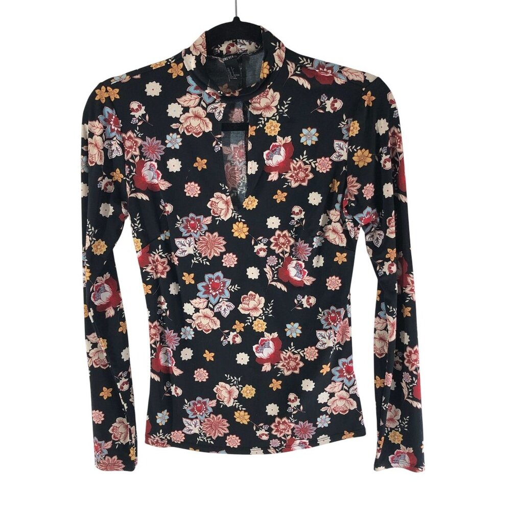 Forever 21 Womens Top Keyhole Neck Long Sleeve Floral Black Pink S